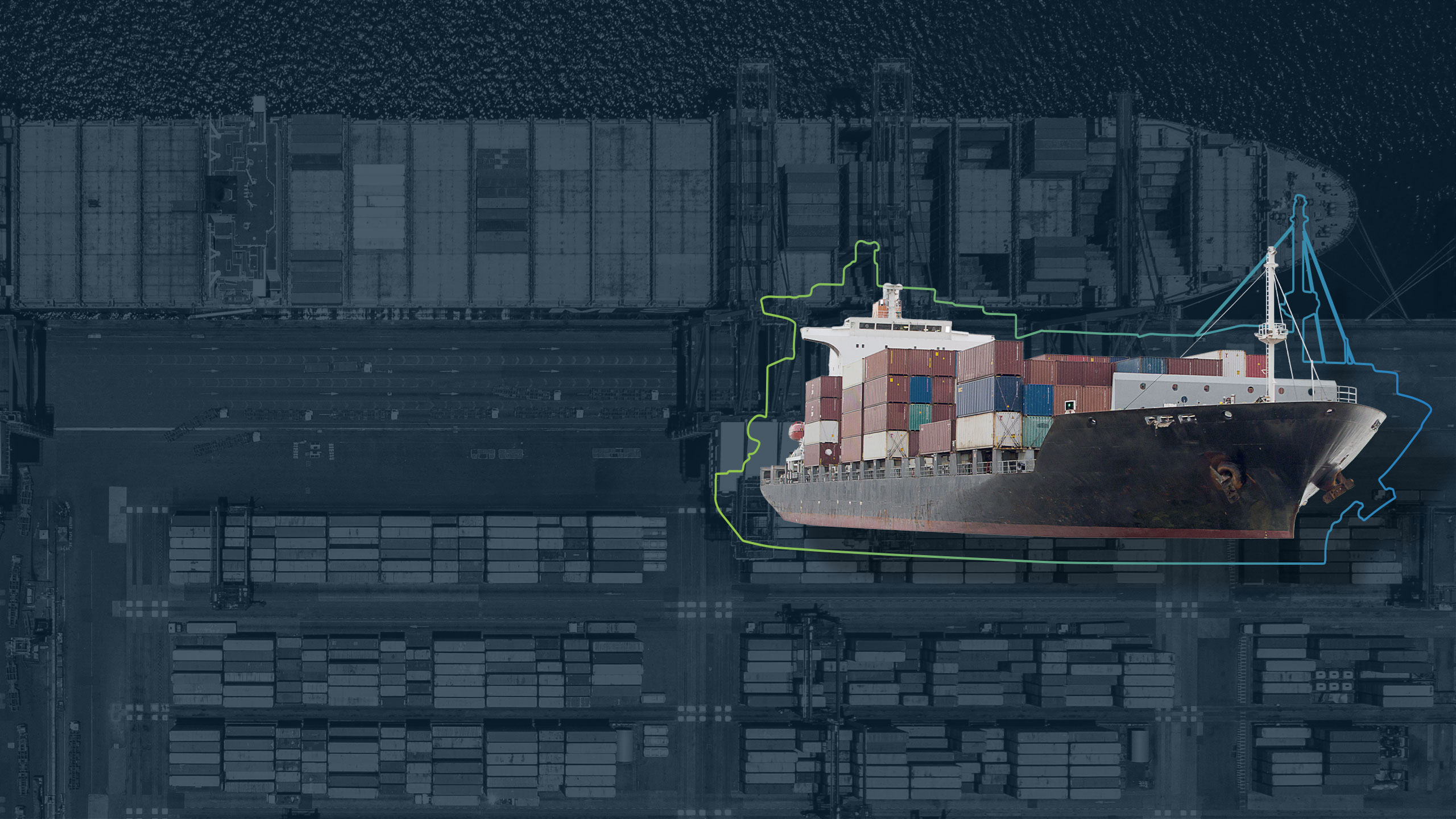 Header zu Supply Chain Resilienz und Lieferantenmanagement, zeigt Containerschiff vor Containerhafen von oben